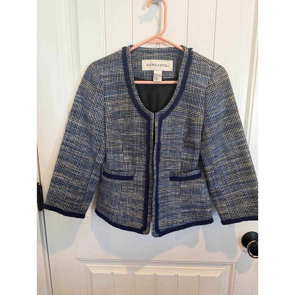 Doncaster 100% Silk Tweed Jacket size 8 Blue Fringe Trim Open Blazer Cropped